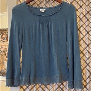 Blue Ruffled 3/4 Sleeve Rounded Neckline Blouse